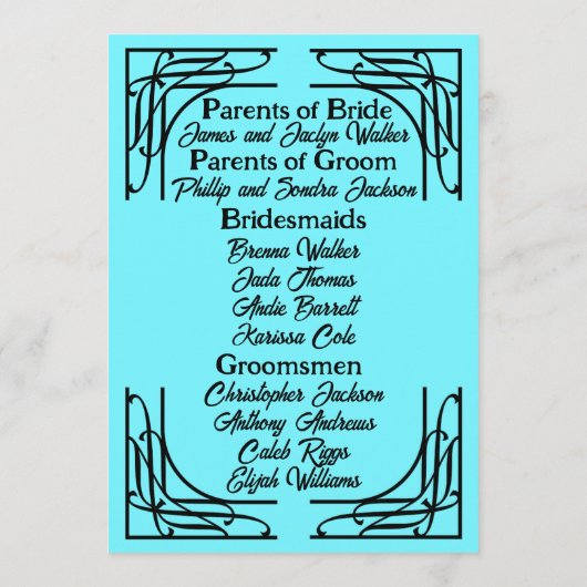 Turquoise 1920's bruiloft programmakaart (Achterkant)