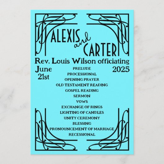 Turquoise 1920's bruiloft programmakaart (Voorkant)