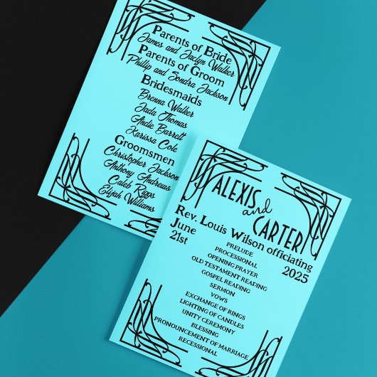 Turquoise 1920's bruiloft programmakaart