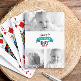 Turquoise 3 Foto Collage Gelukkige 1e Vaderdag Pokerkaarten