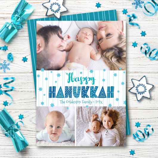 Turquoise 3 Foto Happy Hanukkah Moderne Typografie Feestdagenkaart