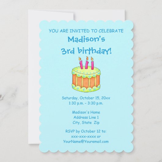 Turquoise 3rd Birthday Party Cake Invitation Kaart (Achterkant)