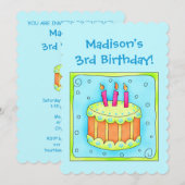 Turquoise 3rd Birthday Party Cake Invitation Kaart (Voorkant / Achterkant)
