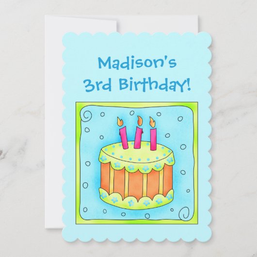 Turquoise 3rd Birthday Party Cake Invitation Kaart (Voorkant)