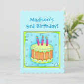 Turquoise 3rd Birthday Party Cake Invitation Kaart (Staand voorkant)