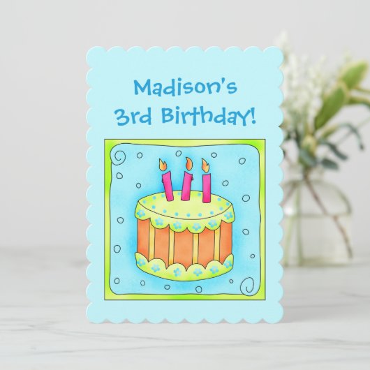 Turquoise 3rd Birthday Party Cake Invitation Kaart (Staand voorkant)