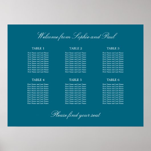 Turquoise 6 Table Wedding Seating Chart Poster (Voorkant)
