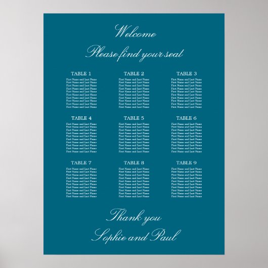 Turquoise 9 Tafel Trouw Stoelenindeling Poster (Voorkant)