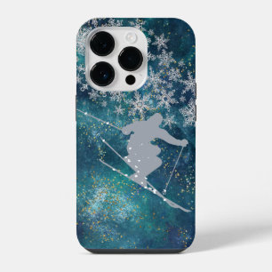 Turquoise Abstract Gouden Sterren Sneeuw Skiër iPhone 14 Plus Hoesje