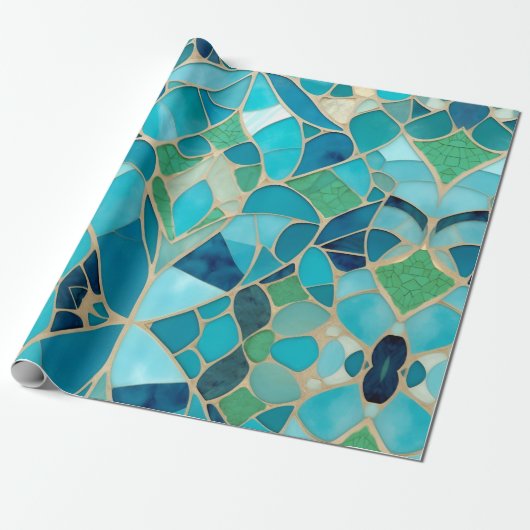 Turquoise Abstract Mozaïek met Art Deco stijl Cadeaupapier (Uitgerold)
