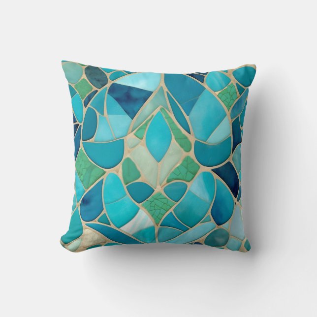 Turquoise Abstract Mozaïek met Art Deco stijl Kussen (Voorkant)