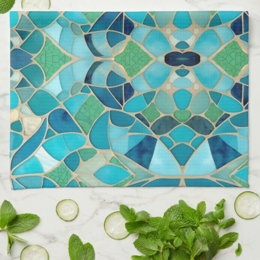 Turquoise Abstract Mozaïek Theedoek (Gevouwen)