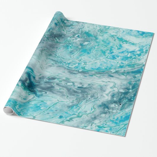 Turquoise Abstract Paint Pour Art Cadeaupapier (Uitgerold)