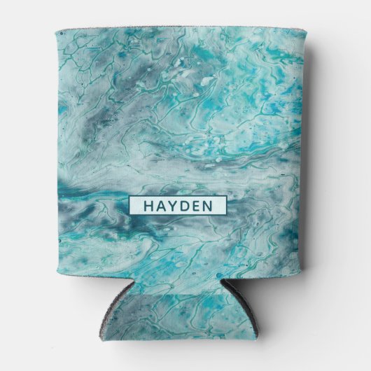 Turquoise Abstract Paint Pour Art Monogram Blikjeskoeler (Voorkant)