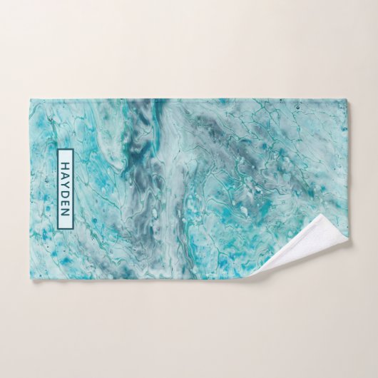 Turquoise Abstract Paint Pour Art Monogram Handdoek (Handdoek)