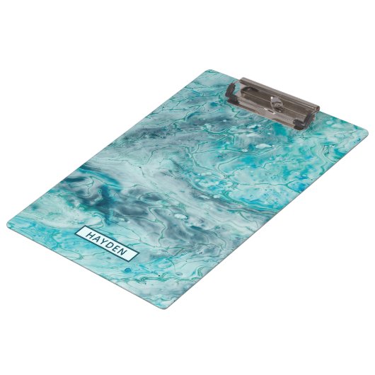 Turquoise Abstract Paint Pour Art Monogram Klembord (Gekanteld)