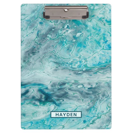 Turquoise Abstract Paint Pour Art Monogram Klembord (Voorkant)