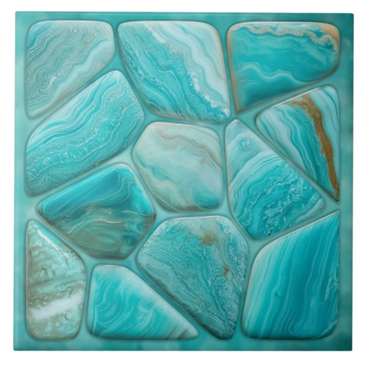 Turquoise Abstracte cellulaire kunst Tegeltje (Voorkant)