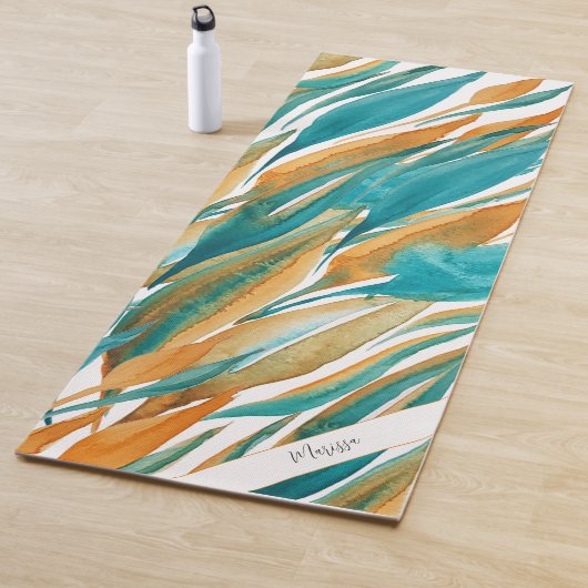 Turquoise Abstracte Herfst Kunst Monogram Yogamat (In situ)
