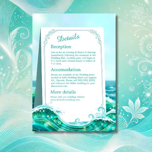 turquoise abstracte kustgolf vibe bruiloft informatiekaartje