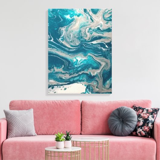 Turquoise abstracte print op gespannen canvas (Insitu (Woonkamer))