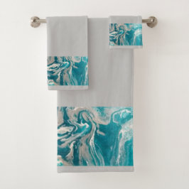 Turquoise Abstracte Rand op Grijze Handdoek Set