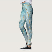 Turquoise Abstracte Waterverf Gouden Glitter Leggings (Links)