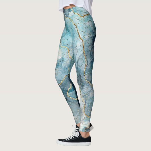 Turquoise Abstracte Waterverf Gouden Glitter Leggings (Links)