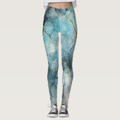 Turquoise Abstracte Waterverf Gouden Glitter Leggings (Voorkant)