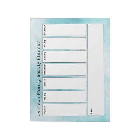 Turquoise Abstracte Waterverf Weekplanner Notitieblok (Linkerzijde)