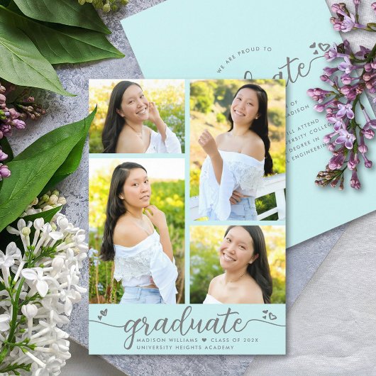 Turquoise Afstuderen 4 Foto Modern Script Harten Aankondiging