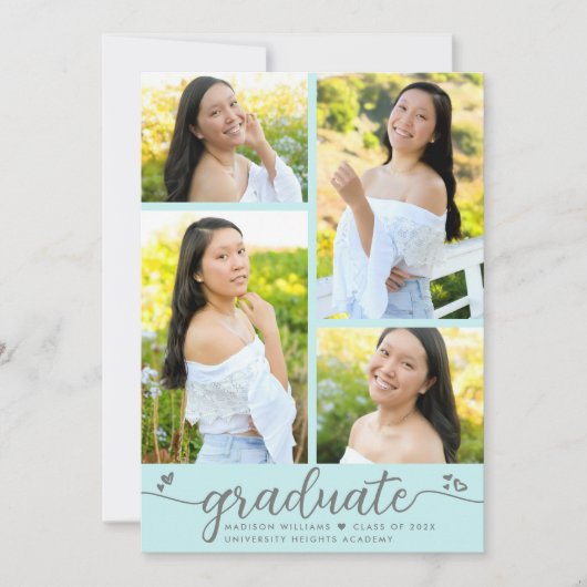 Turquoise Afstuderen 4 Foto Modern Script Hearts Aankondiging (Voorkant)