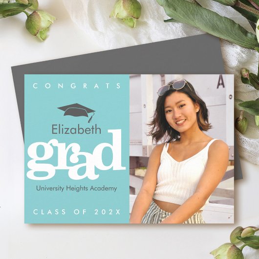 Turquoise afstuderen foto grijs pet modern vet aankondiging