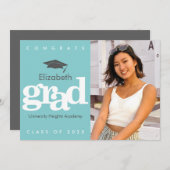 Turquoise afstuderen foto grijs pet modern vet aankondiging (Voorkant / Achterkant)