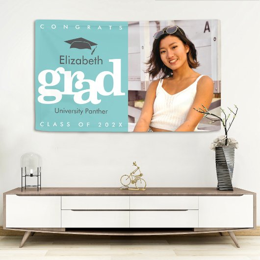 Turquoise afstuderen foto grijs pet vet modern spandoek