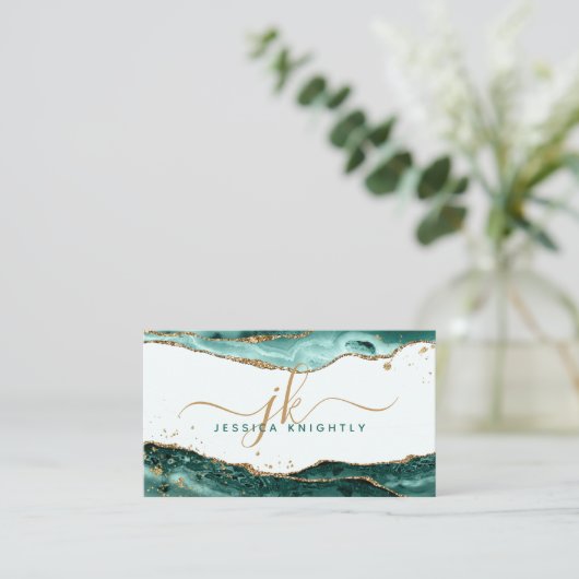 Turquoise Agaat Faux Gold Glitter Monogram Script Visitekaartje (Staand voorkant)
