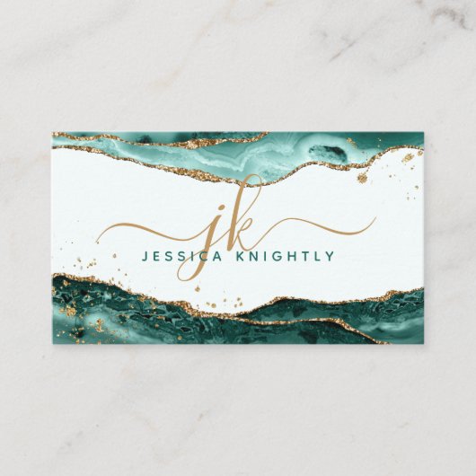 Turquoise Agaat Faux Gold Glitter Monogram Script Visitekaartje (Voorkant)