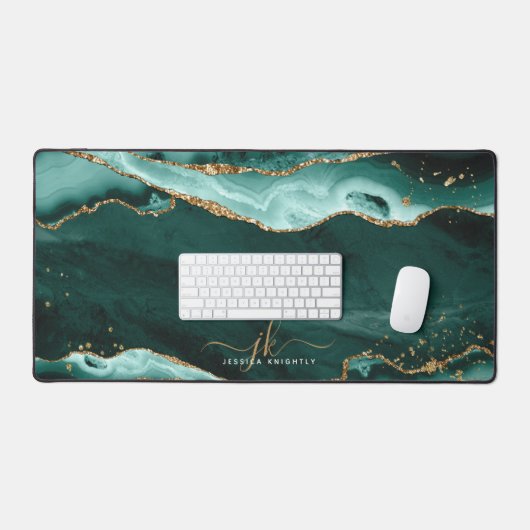 Turquoise Agaat Geode Monogram Faux Gold Script Bureaumat (Keyboard & Muis)