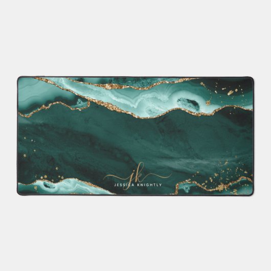 Turquoise Agaat Geode Monogram Faux Gold Script Bureaumat (Voorkant)