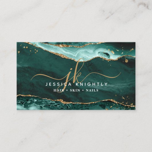 Turquoise agaat geode monogram goud script visitekaartje (Voorkant)