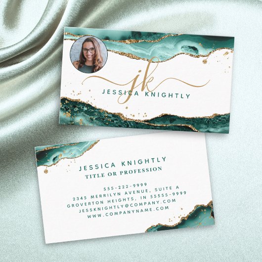 Turquoise Agaat Gold Glitter Monogram Foto Visitekaartje