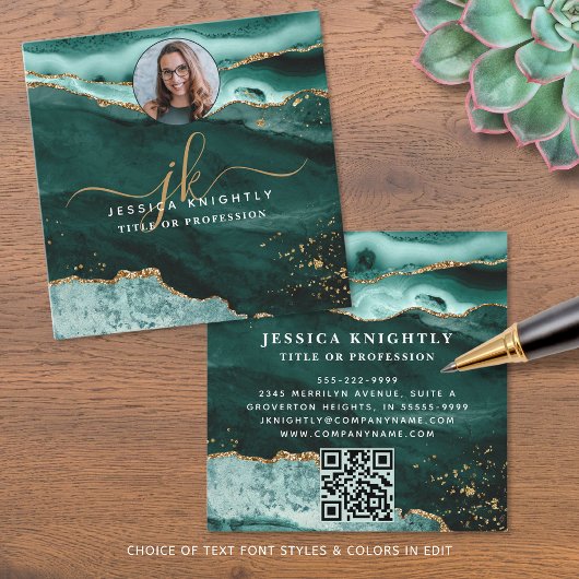 Turquoise Agaat Gold Glitter Script Foto QR Vierkante Visitekaartje