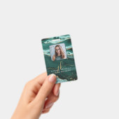 Turquoise Agaat Gold Glitter Script Monogram Foto Badge (Handheld)