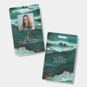 Turquoise Agaat Gold Glitter Script Monogram Foto Badge (Voor- en achterkant)