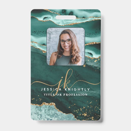 Turquoise Agaat Gold Glitter Script Monogram Foto Badge (Voorzijde)