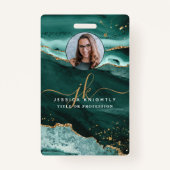 Turquoise Agaat Gold Glitter Script Monogram Foto Badge (Voorkant)