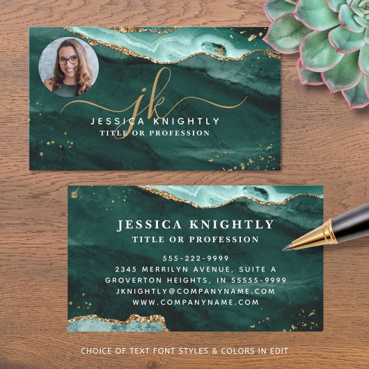 Turquoise Agaat Gold Glitter Script Monogram Foto Visitekaartje