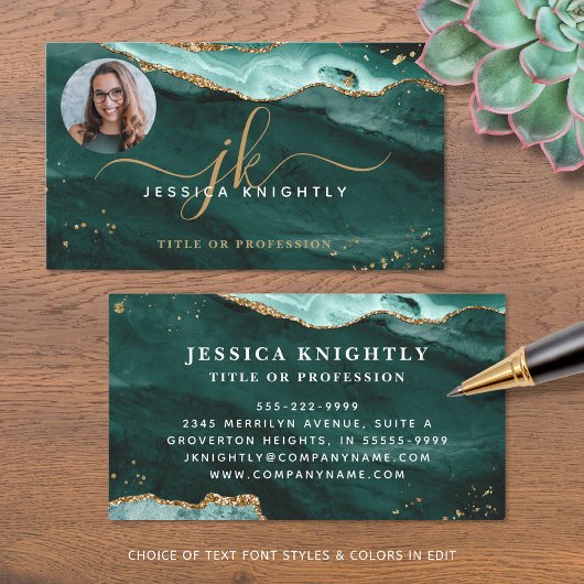Turquoise Agaat Gold Glitter Script Monogram Foto Visitekaartje