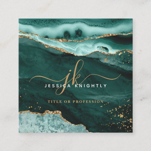 Turquoise Agaat Gold Glitter Script Monogram QR Vierkante Visitekaartje (Voorkant)