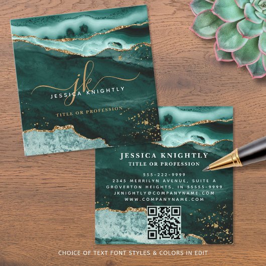 Turquoise Agaat Gold Glitter Script Monogram QR Vierkante Visitekaartje